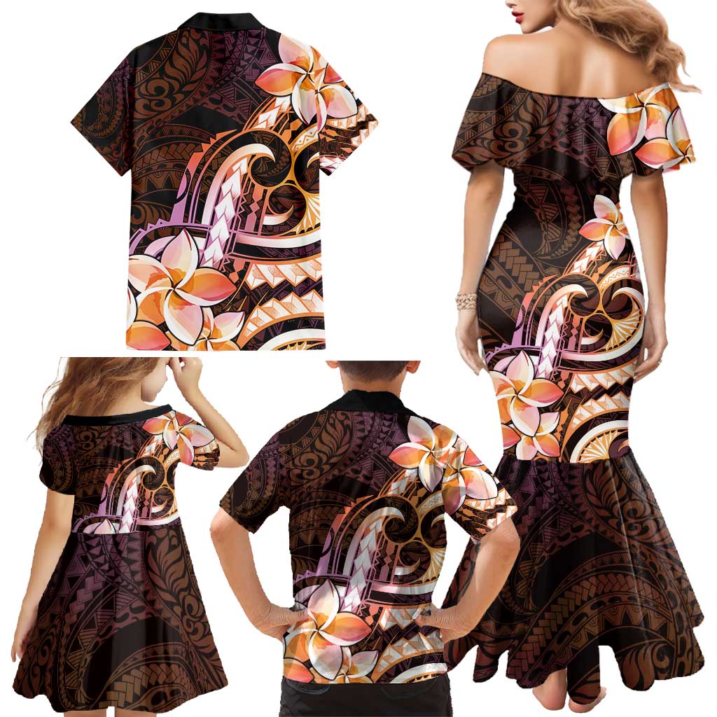 Polynesian Art Tattoo Family Matching Mermaid Dress and Hawaiian Shirt Plumeria Flowers Peach Gradient