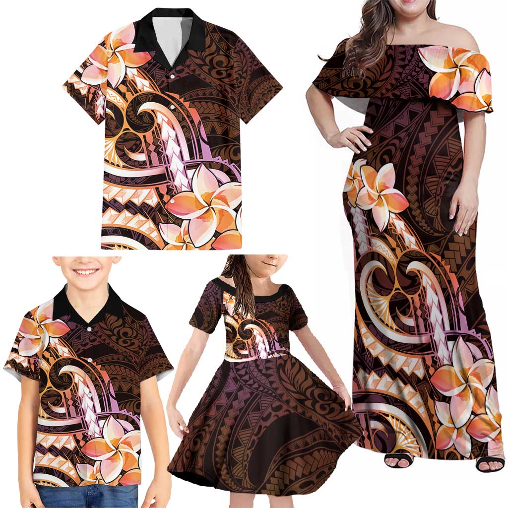 Polynesian Art Tattoo Family Matching Off Shoulder Maxi Dress and Hawaiian Shirt Plumeria Flowers Peach Gradient