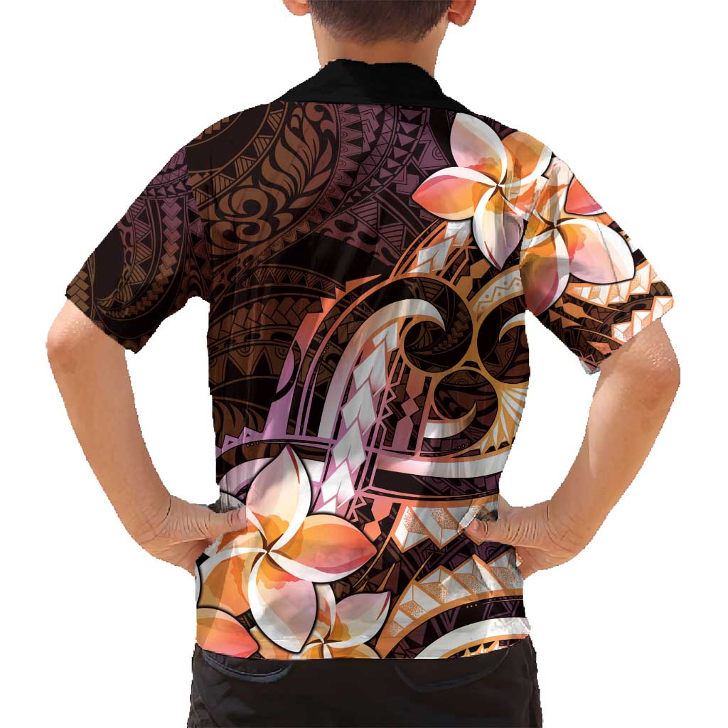 Polynesian Art Tattoo Family Matching Off Shoulder Short Dress and Hawaiian Shirt Plumeria Flowers Peach Gradient