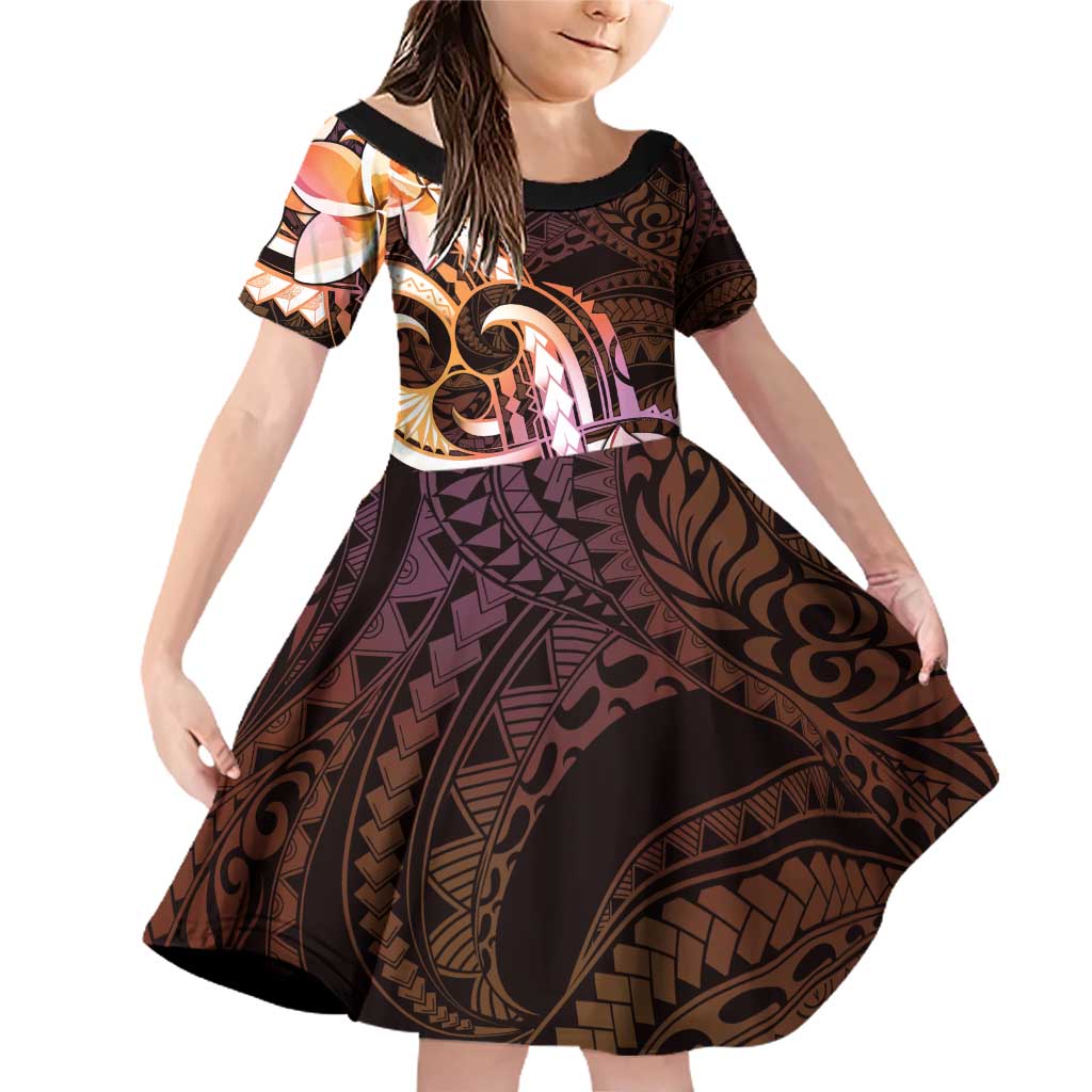 Polynesian Art Tattoo Family Matching Off Shoulder Short Dress and Hawaiian Shirt Plumeria Flowers Peach Gradient