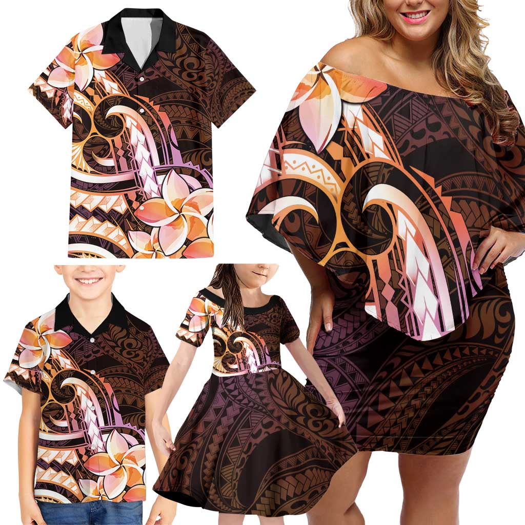 Polynesian Art Tattoo Family Matching Off Shoulder Short Dress and Hawaiian Shirt Plumeria Flowers Peach Gradient
