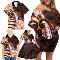 Polynesian Art Tattoo Family Matching Off Shoulder Short Dress and Hawaiian Shirt Plumeria Flowers Peach Gradient