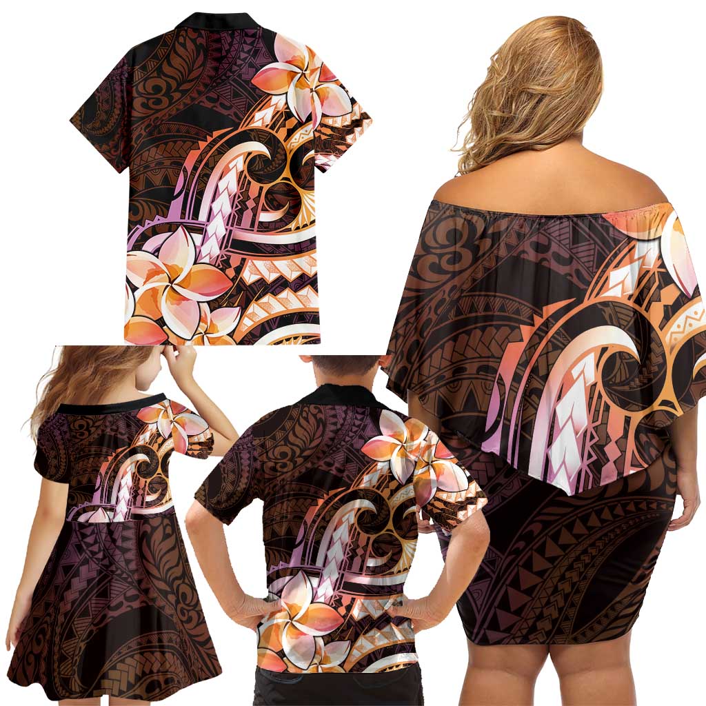 Polynesian Art Tattoo Family Matching Off Shoulder Short Dress and Hawaiian Shirt Plumeria Flowers Peach Gradient