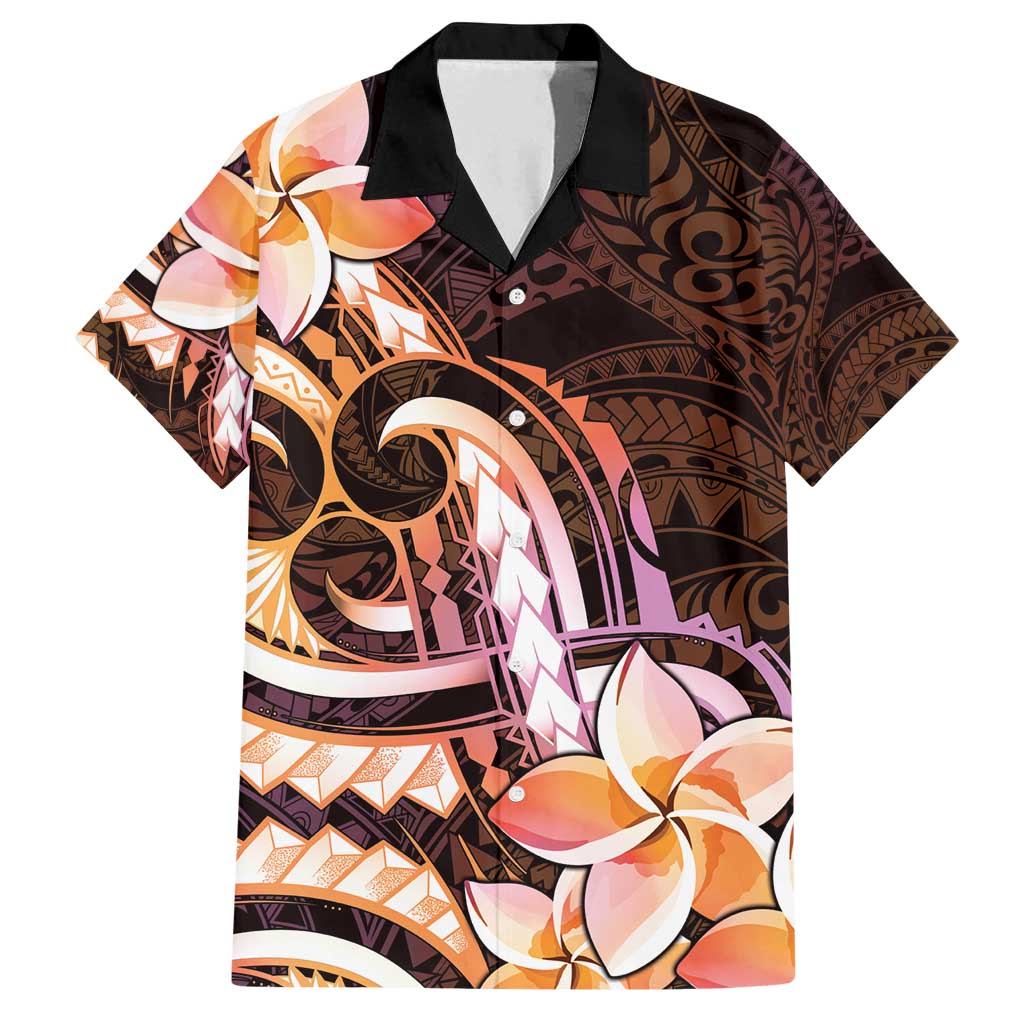 Polynesian Art Tattoo Family Matching Off Shoulder Short Dress and Hawaiian Shirt Plumeria Flowers Peach Gradient
