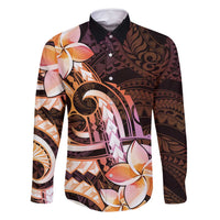 Polynesian Art Tattoo Family Matching Off Shoulder Short Dress and Hawaiian Shirt Plumeria Flowers Peach Gradient