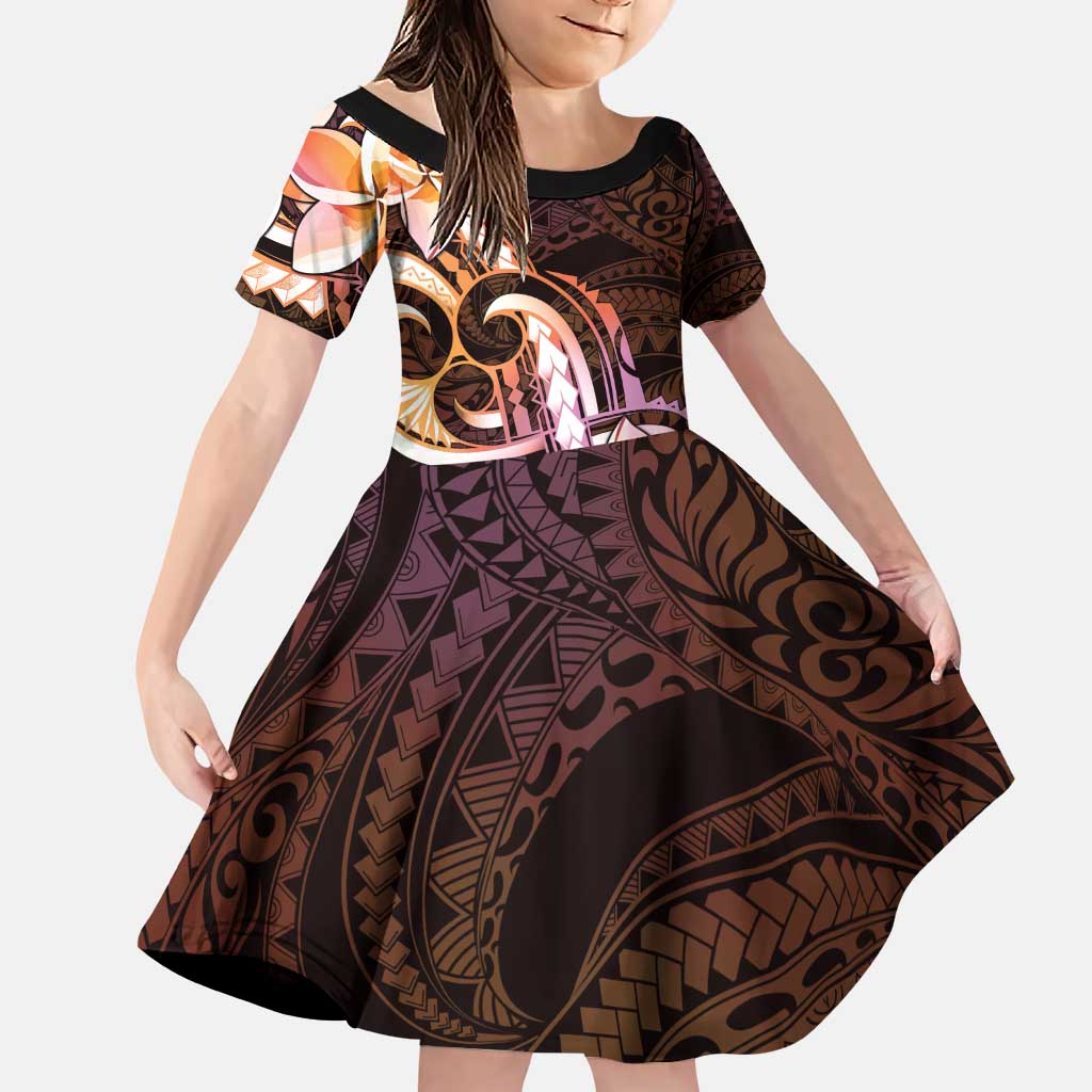 Polynesian Art Tattoo Family Matching Puletasi and Hawaiian Shirt Plumeria Flowers Peach Gradient LT05 Daughter's Dress Peach - Polynesian Pride