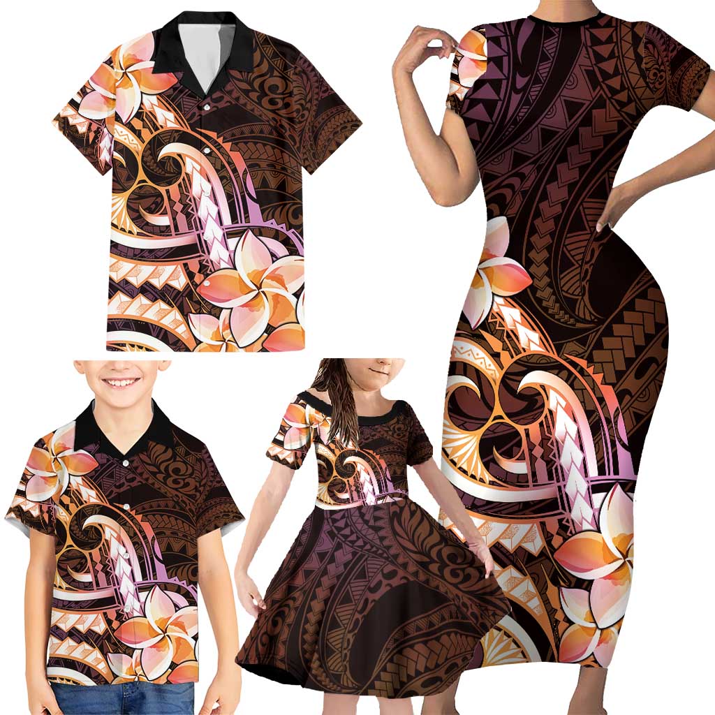 Polynesian Art Tattoo Family Matching Short Sleeve Bodycon Dress and Hawaiian Shirt Plumeria Flowers Peach Gradient LT05 - Polynesian Pride