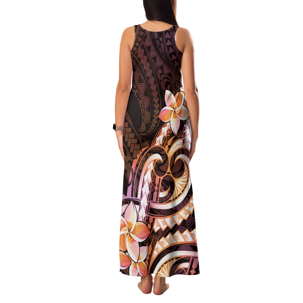 Polynesian Art Tattoo Family Matching Tank Maxi Dress and Hawaiian Shirt Plumeria Flowers Peach Gradient