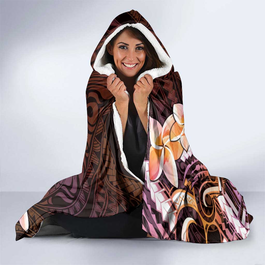 Polynesian Art Tattoo Hooded Blanket Plumeria Flowers Peach Gradient