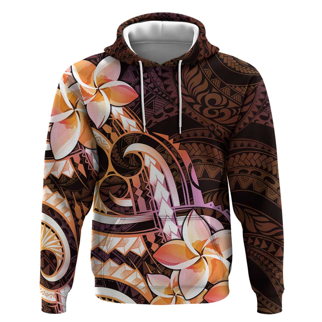 Polynesian Art Tattoo Hoodie Plumeria Flowers Peach Gradient