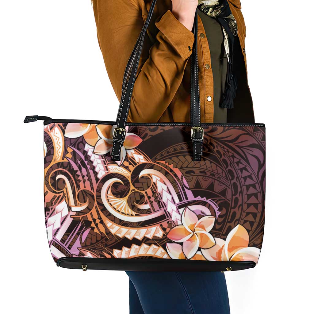 Polynesian Art Tattoo Leather Tote Bag Plumeria Flowers Peach Gradient LT05 - Polynesian Pride