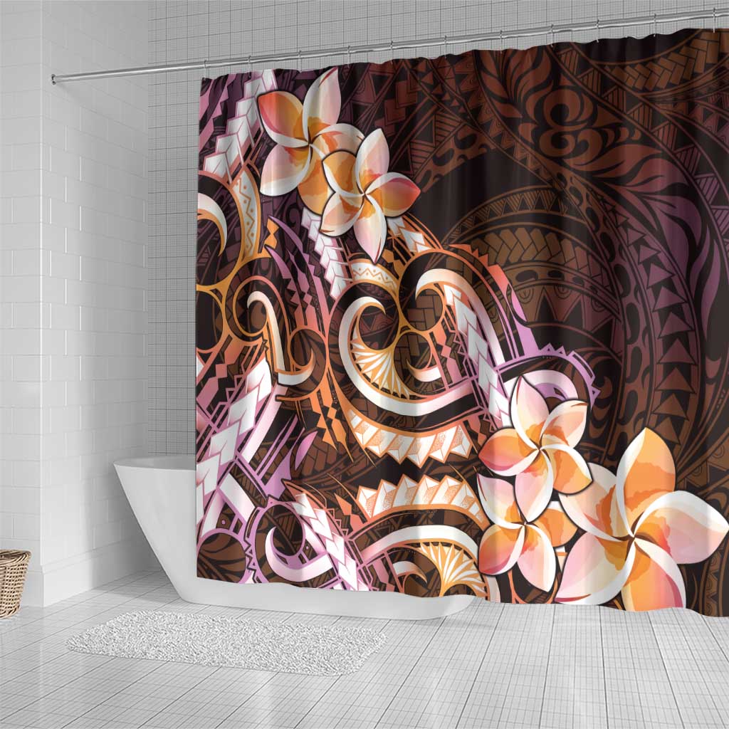 Polynesian Art Tattoo Shower Curtain Plumeria Flowers Peach Gradient