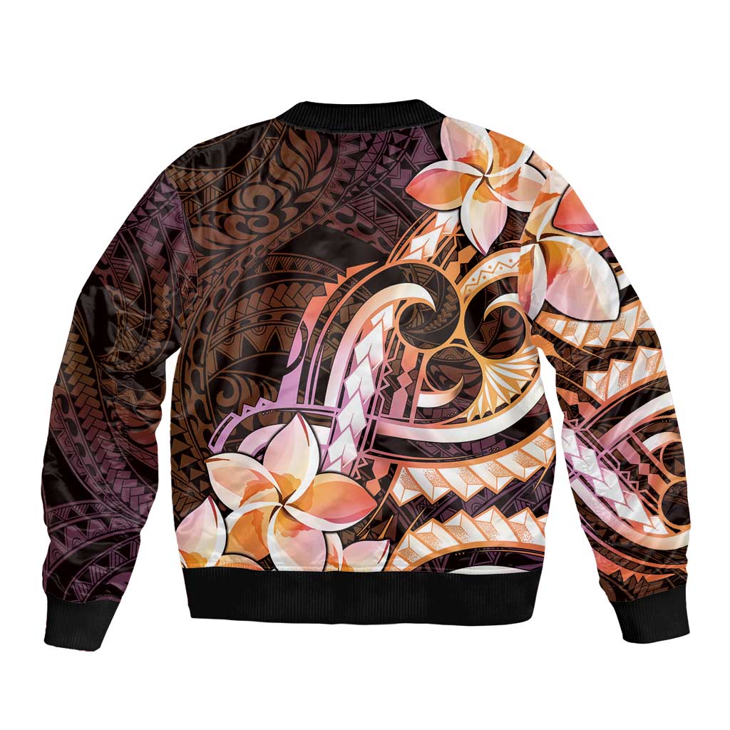 Polynesian Art Tattoo Sleeve Zip Bomber Jacket Plumeria Flowers Peach Gradient