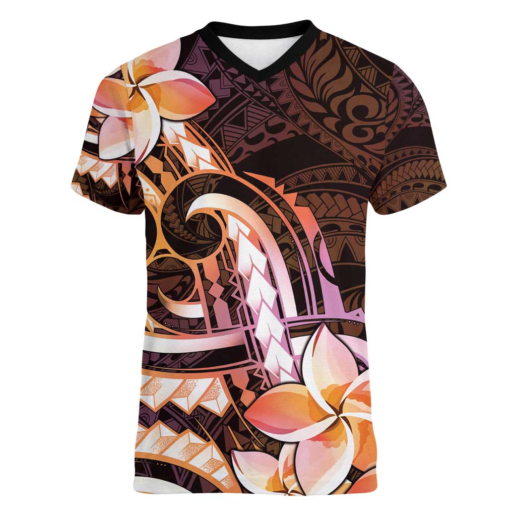 Polynesian Art Tattoo Women V-Neck T-Shirt Plumeria Flowers Peach Gradient LT05 Female Peach - Polynesian Pride