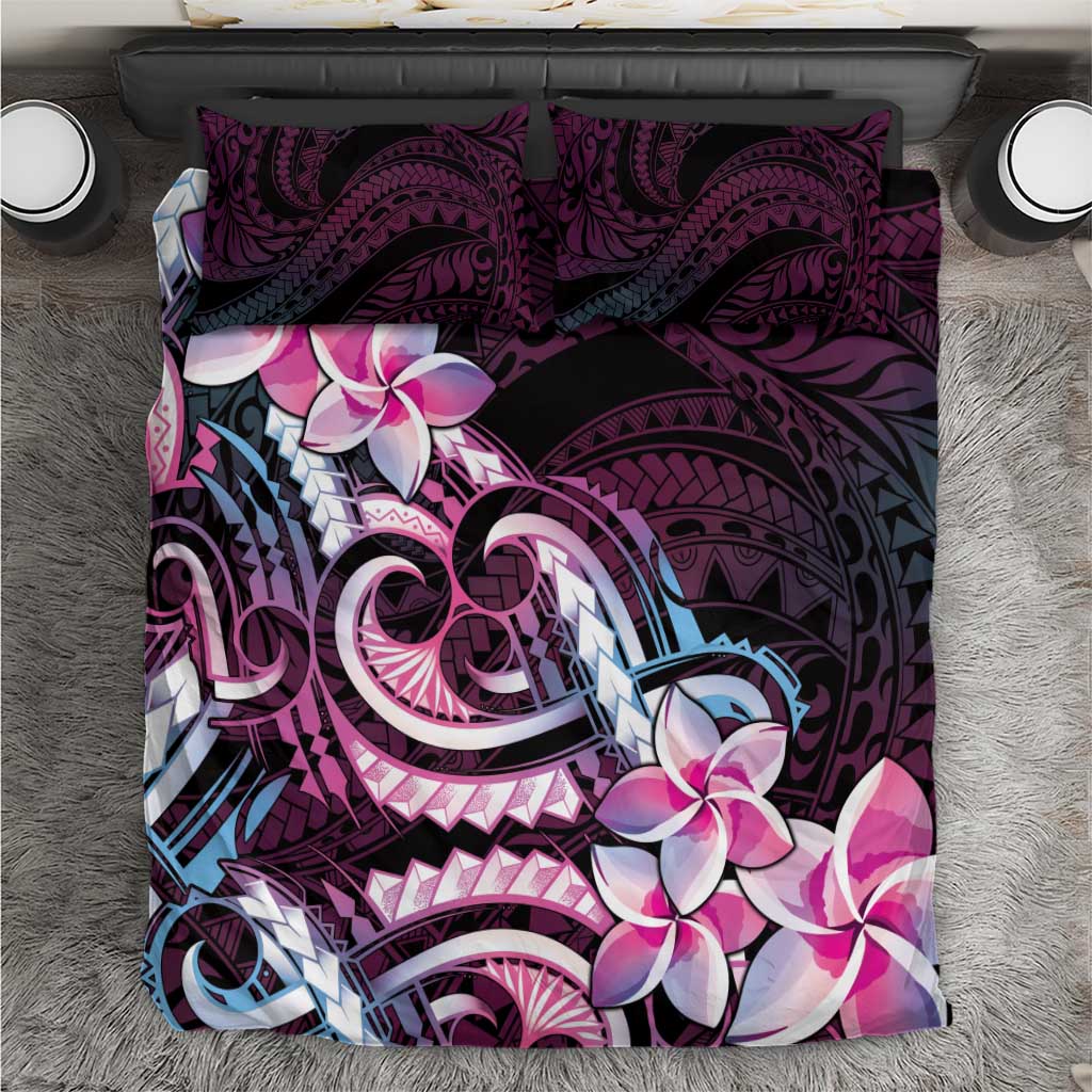 Polynesian Art Tattoo Bedding Set Plumeria Flowers Pink Gradient