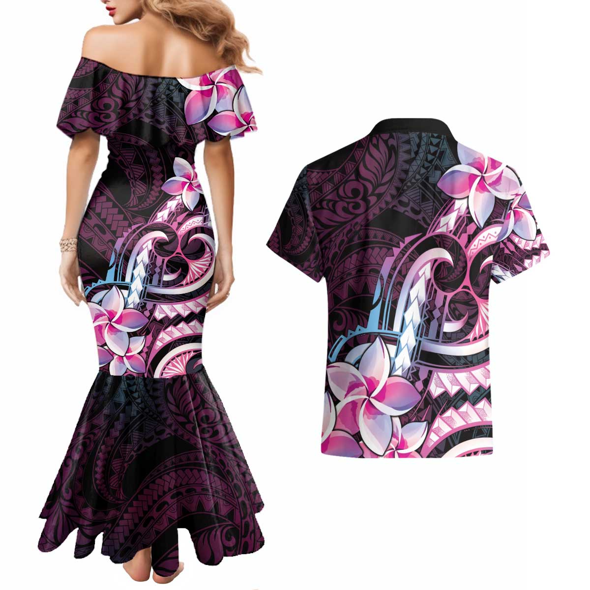Polynesian Art Tattoo Couples Matching Mermaid Dress and Hawaiian Shirt Plumeria Flowers Pink Gradient LT05 - Polynesian Pride