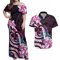 Polynesian Art Tattoo Couples Matching Off Shoulder Maxi Dress and Hawaiian Shirt Plumeria Flowers Pink Gradient LT05 Pink - Polynesian Pride