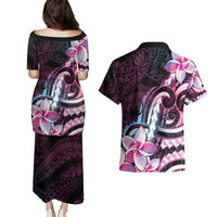 Polynesian Art Tattoo Couples Matching Puletasi and Hawaiian Shirt Plumeria Flowers Pink Gradient LT05 - Polynesian Pride