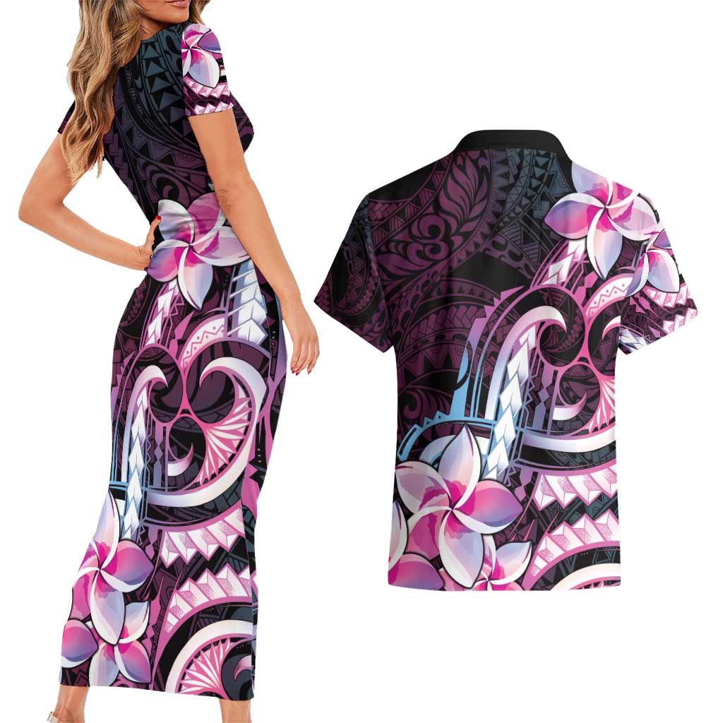 Polynesian Art Tattoo Couples Matching Short Sleeve Bodycon Dress and Hawaiian Shirt Plumeria Flowers Pink Gradient LT05 - Polynesian Pride