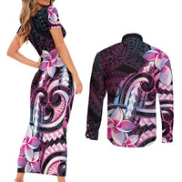 Polynesian Art Tattoo Couples Matching Short Sleeve Bodycon Dress and Long Sleeve Button Shirt Plumeria Flowers Pink Gradient LT05 - Polynesian Pride