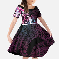 Polynesian Art Tattoo Family Matching Long Sleeve Bodycon Dress and Hawaiian Shirt Plumeria Flowers Pink Gradient LT05 Daughter's Dress Pink - Polynesian Pride
