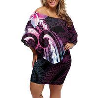 Polynesian Art Tattoo Family Matching Off Shoulder Short Dress and Hawaiian Shirt Plumeria Flowers Pink Gradient