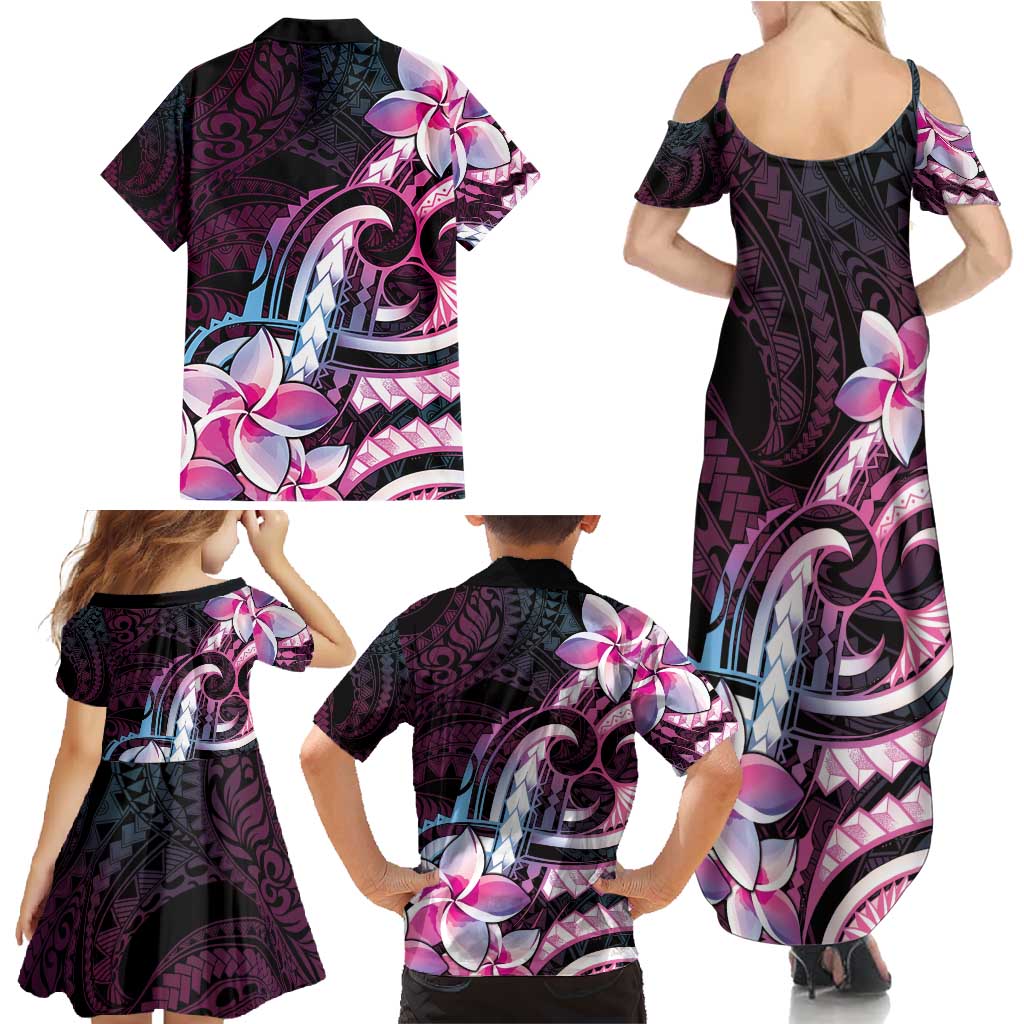 Polynesian Art Tattoo Family Matching Summer Maxi Dress and Hawaiian Shirt Plumeria Flowers Pink Gradient