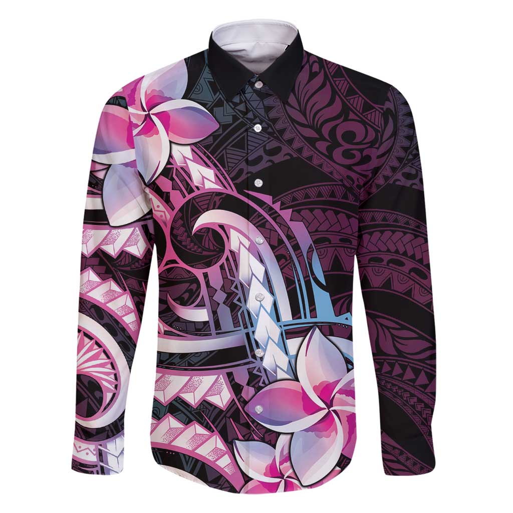 Polynesian Art Tattoo Family Matching Tank Maxi Dress and Hawaiian Shirt Plumeria Flowers Pink Gradient LT05 Dad's Shirt - Long Sleeve Pink - Polynesian Pride