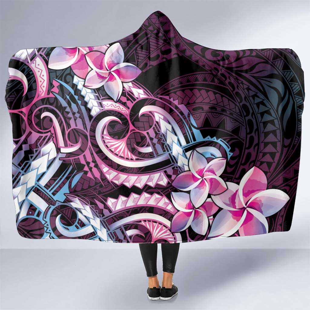 Polynesian Art Tattoo Hooded Blanket Plumeria Flowers Pink Gradient