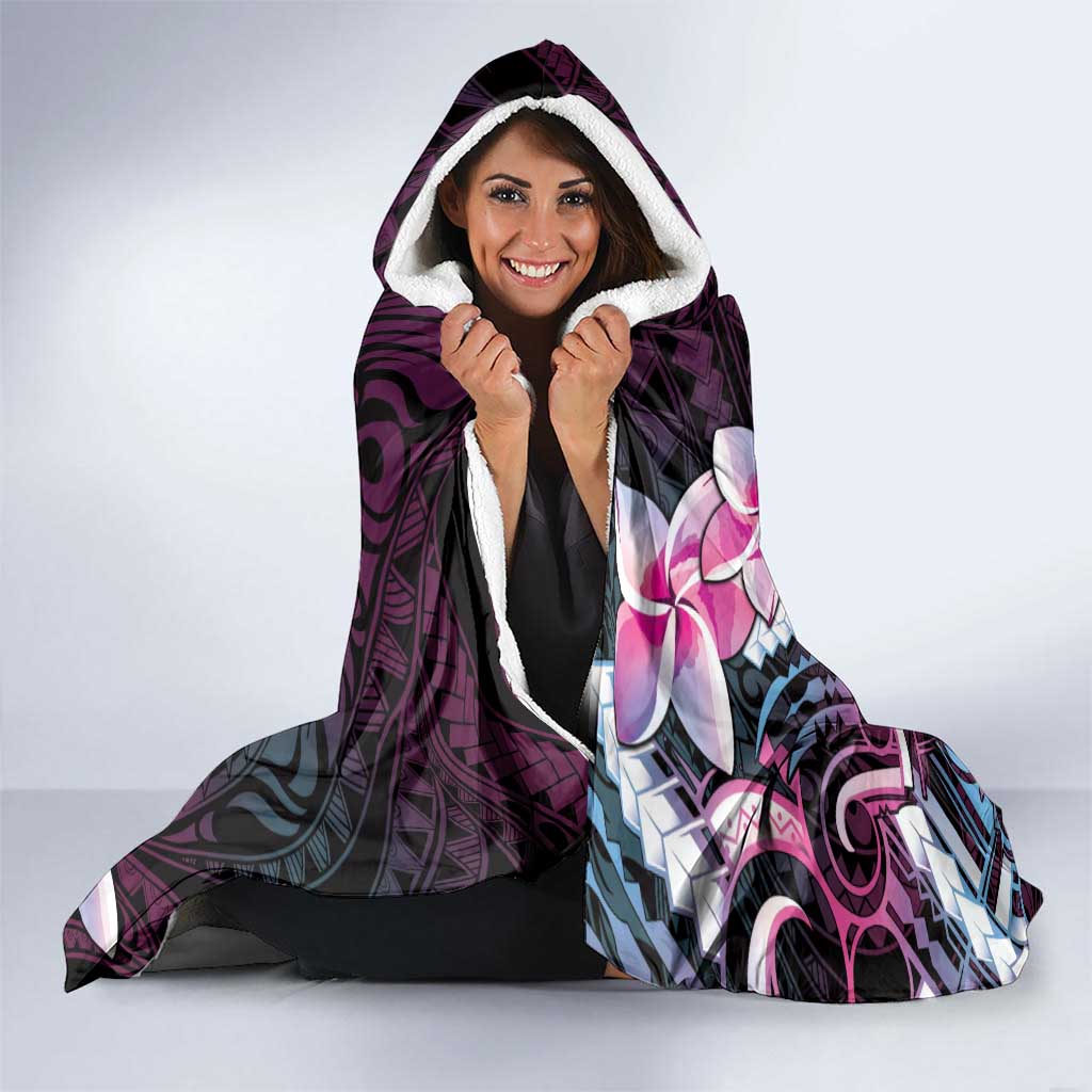 Polynesian Art Tattoo Hooded Blanket Plumeria Flowers Pink Gradient