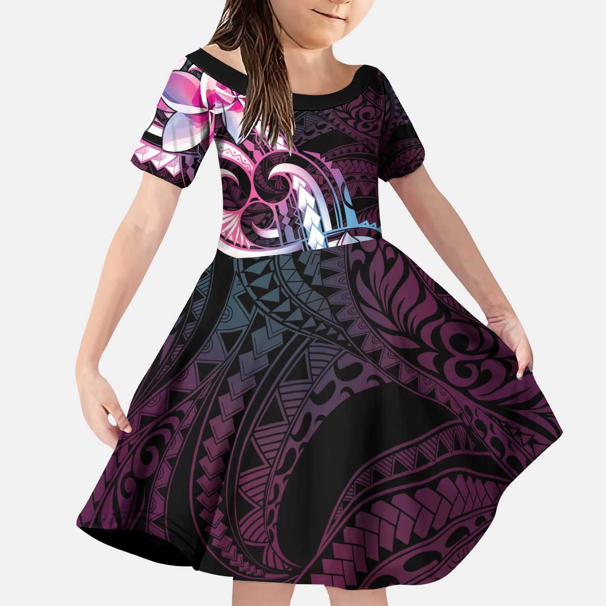 Polynesian Art Tattoo Kid Short Sleeve Dress Plumeria Flowers Pink Gradient