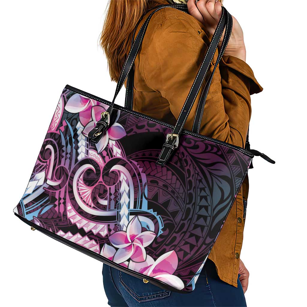 Polynesian Art Tattoo Leather Tote Bag Plumeria Flowers Pink Gradient LT05 - Polynesian Pride