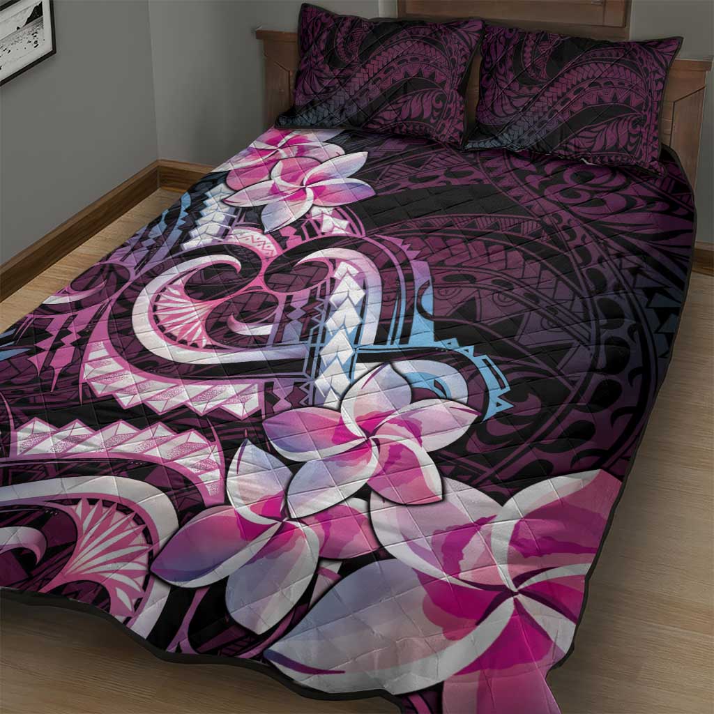 Polynesian Art Tattoo Quilt Bed Set Plumeria Flowers Pink Gradient