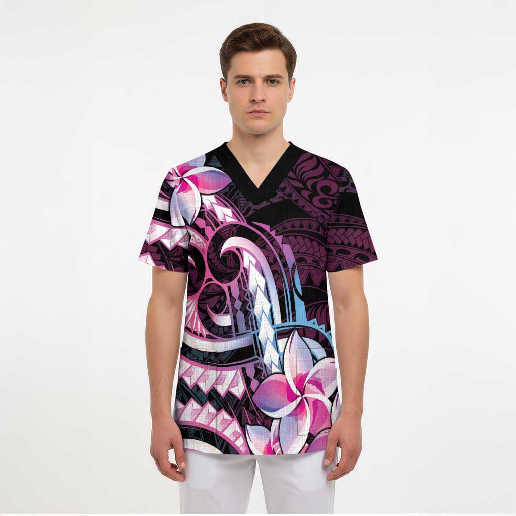 Polynesian Art Tattoo Scrub Top Plumeria Flowers Pink Gradient - Polynesian Pride