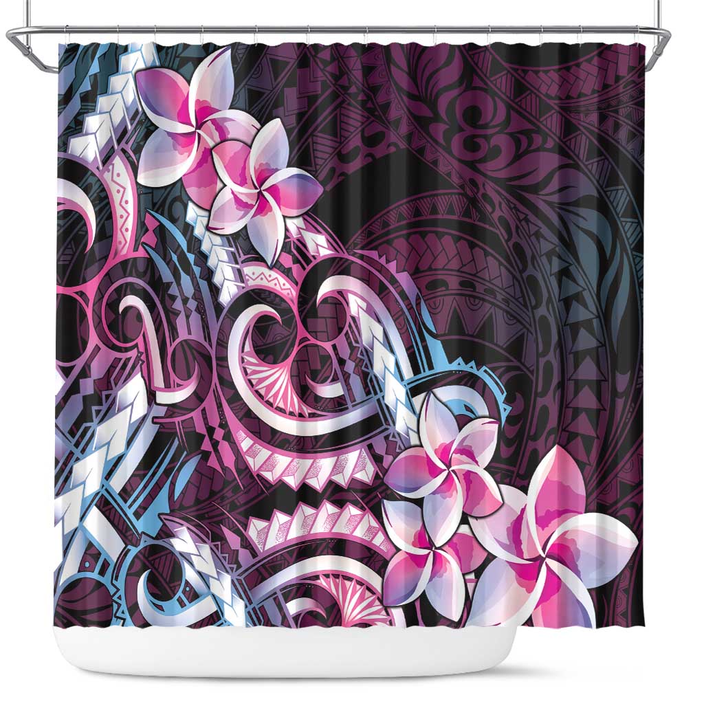 Polynesian Art Tattoo Shower Curtain Plumeria Flowers Pink Gradient