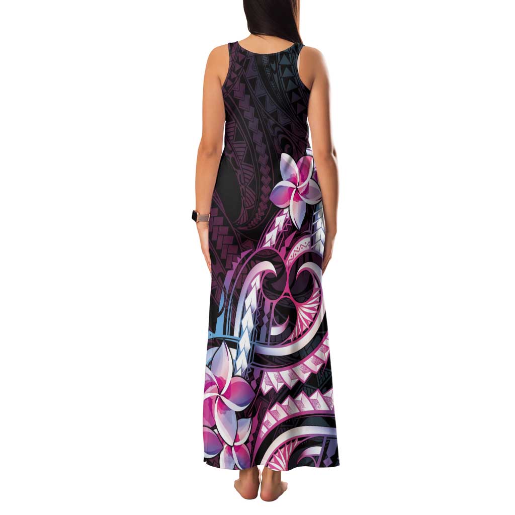 Polynesian Art Tattoo Tank Maxi Dress Plumeria Flowers Pink Gradient