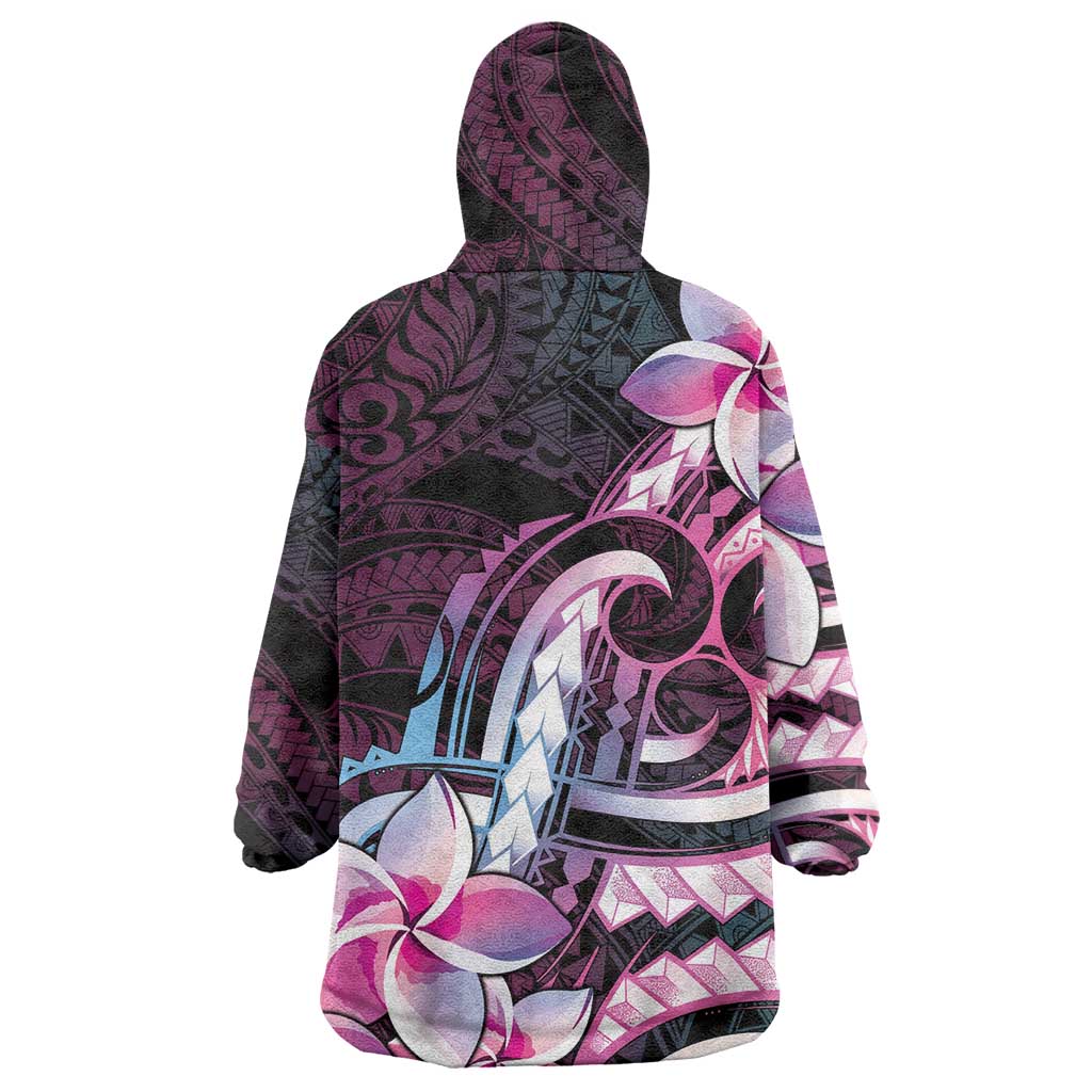 Polynesian Art Tattoo Wearable Blanket Hoodie Plumeria Flowers Pink Gradient