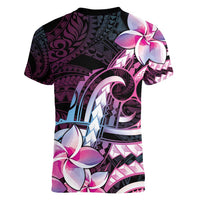 Polynesian Art Tattoo Women V-Neck T-Shirt Plumeria Flowers Pink Gradient LT05 - Polynesian Pride
