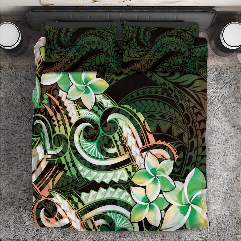Polynesian Art Tattoo Bedding Set Plumeria Flowers Green Gradient