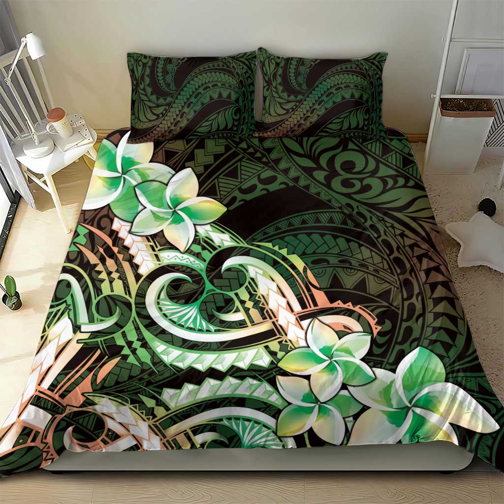 Polynesian Art Tattoo Bedding Set Plumeria Flowers Green Gradient