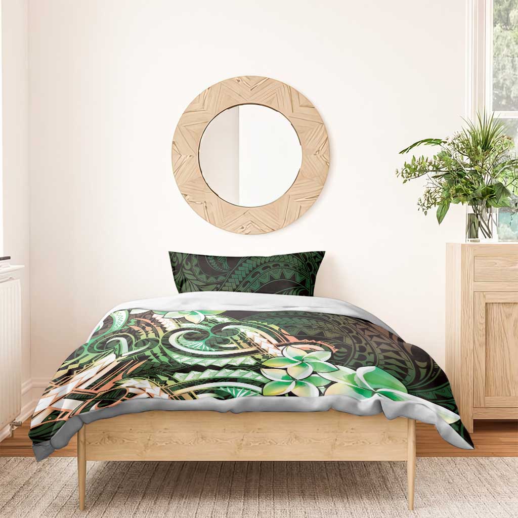 Polynesian Art Tattoo Bedding Set Plumeria Flowers Green Gradient