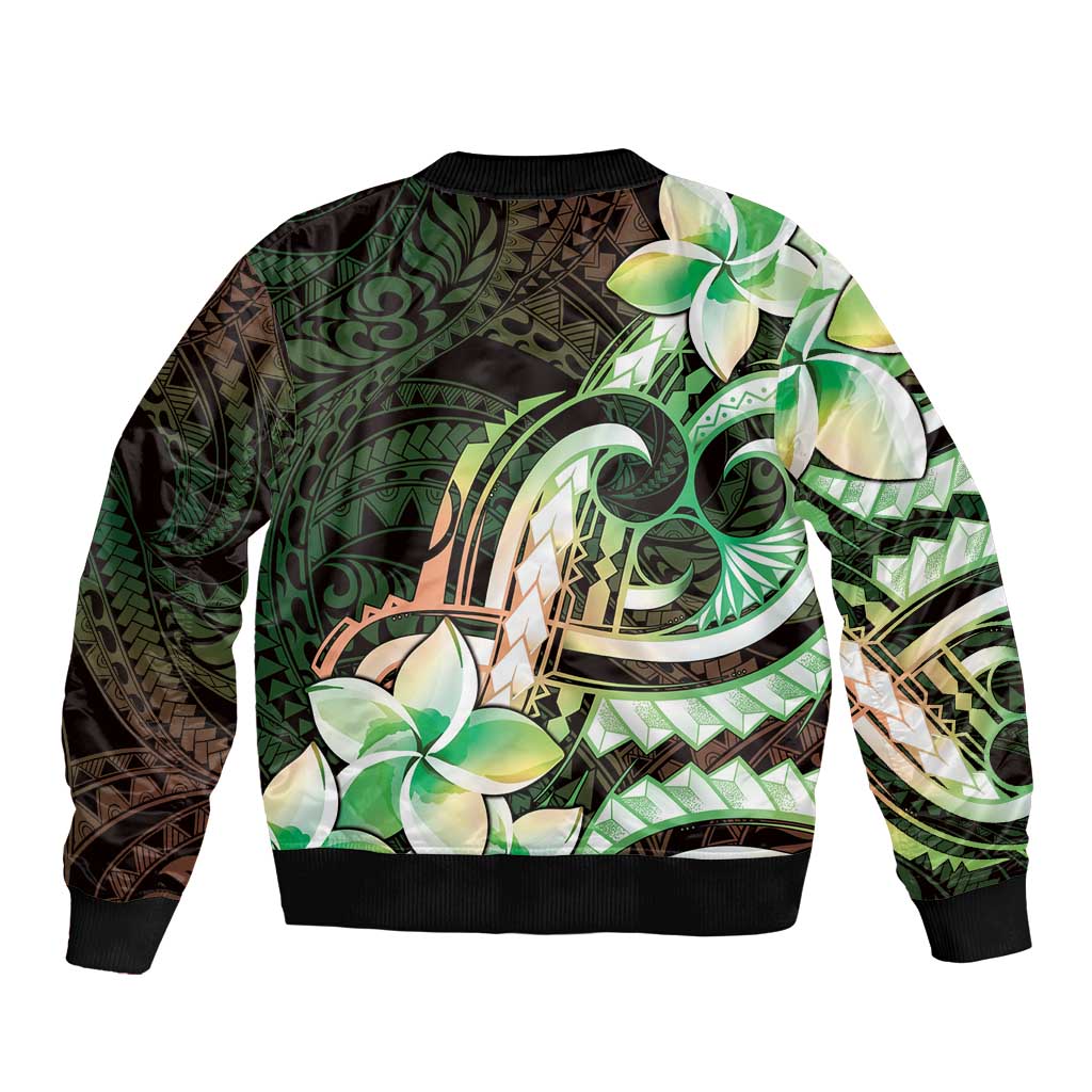 Polynesian Art Tattoo Bomber Jacket Plumeria Flowers Green Gradient LT05 - Polynesian Pride
