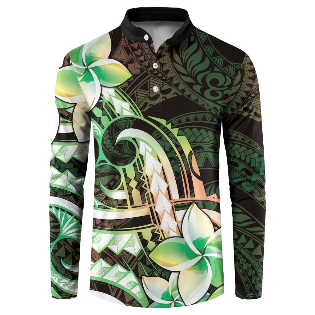 Polynesian Art Tattoo Button Sweatshirt Plumeria Flowers Green Gradient