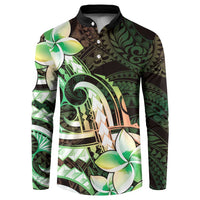 Polynesian Art Tattoo Button Sweatshirt Plumeria Flowers Green Gradient