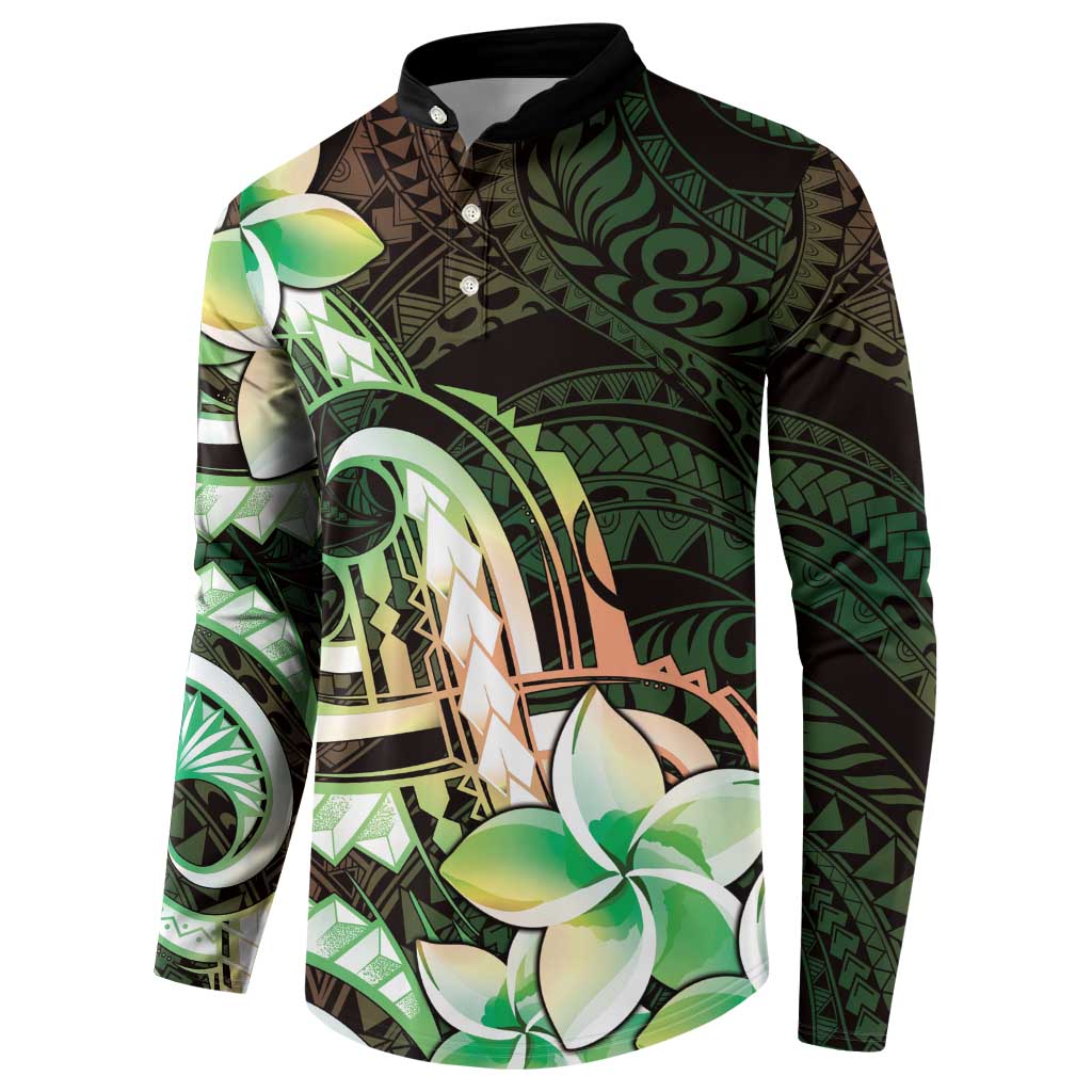 Polynesian Art Tattoo Button Sweatshirt Plumeria Flowers Green Gradient