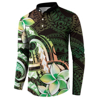 Polynesian Art Tattoo Button Sweatshirt Plumeria Flowers Green Gradient