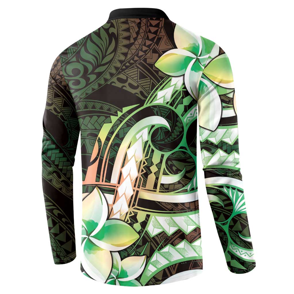 Polynesian Art Tattoo Button Sweatshirt Plumeria Flowers Green Gradient