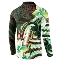 Polynesian Art Tattoo Button Sweatshirt Plumeria Flowers Green Gradient