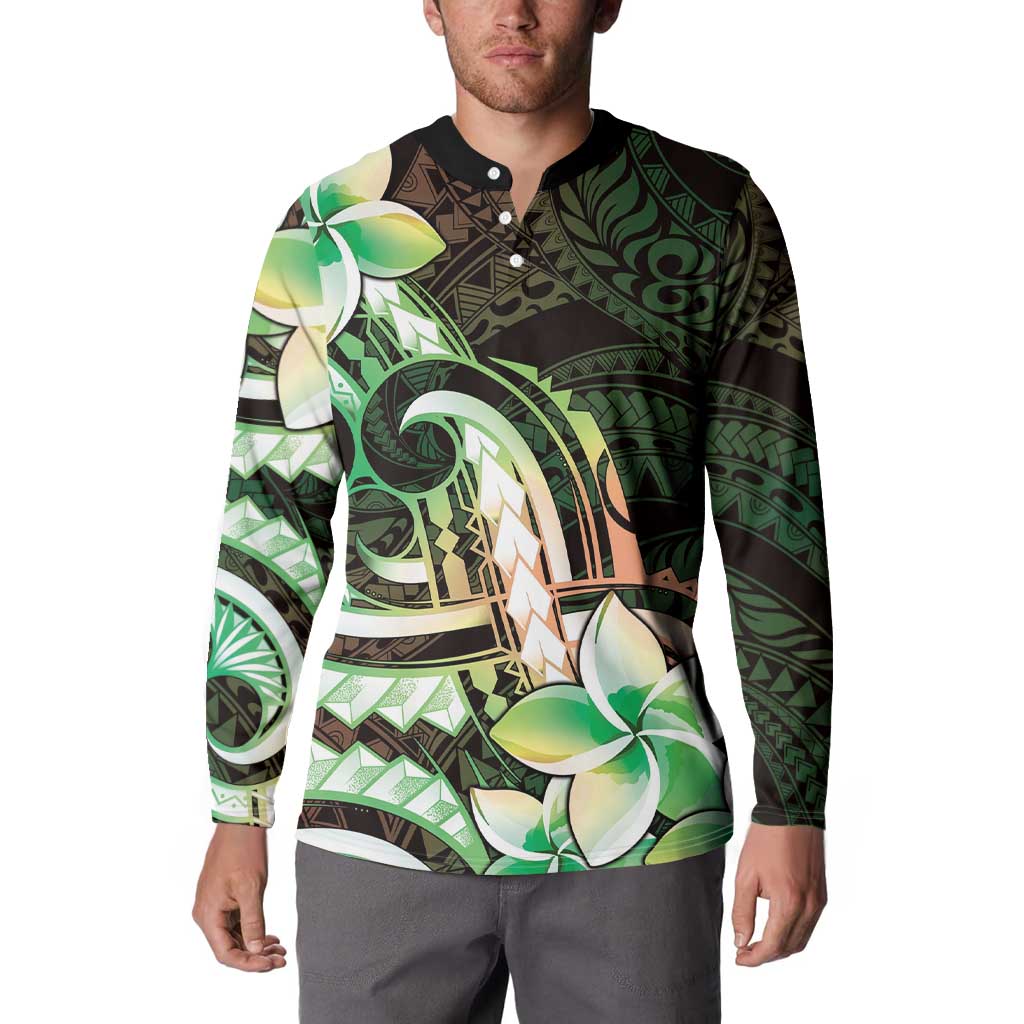 Polynesian Art Tattoo Button Sweatshirt Plumeria Flowers Green Gradient