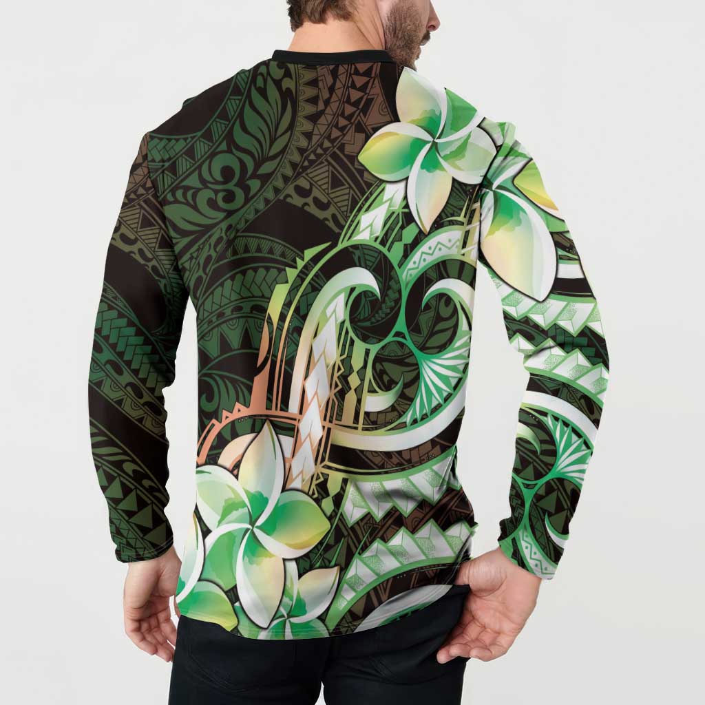 Polynesian Art Tattoo Button Sweatshirt Plumeria Flowers Green Gradient